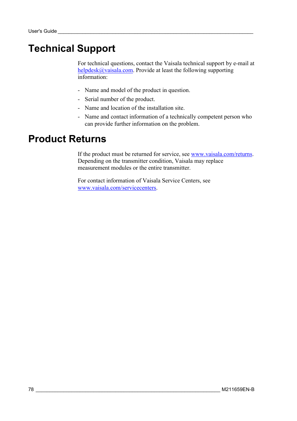 Technical support, Product returns | Vaisala GMW90 User Manual | Page 80 / 101