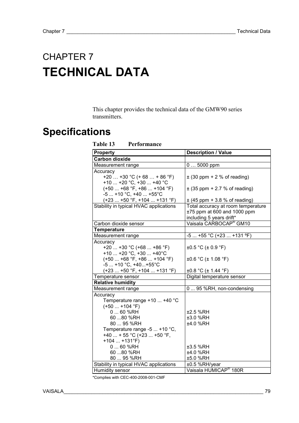 Technical data, Specifications, Chapter 7 | Chapter 7, technical data, Ee chapter 7, Technical data, on pa | Vaisala GMW90 User Manual | Page 81 / 101