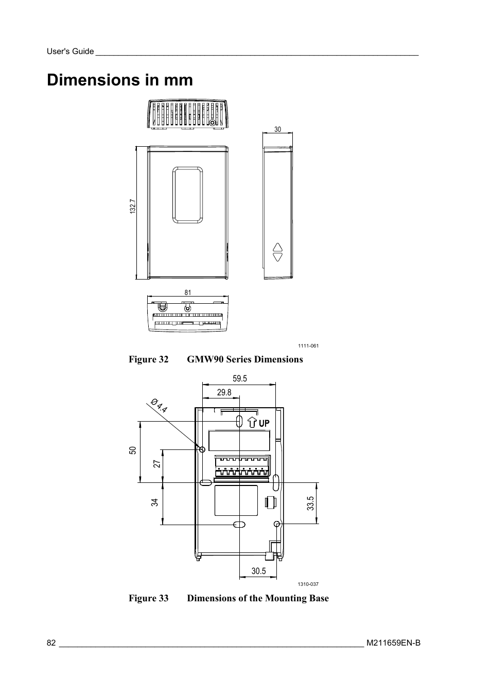 Dimensions in mm, Figure 32, Gmw90 series dimensions | Figure 33, Dimensions of the mounting base | Vaisala GMW90 User Manual | Page 84 / 101