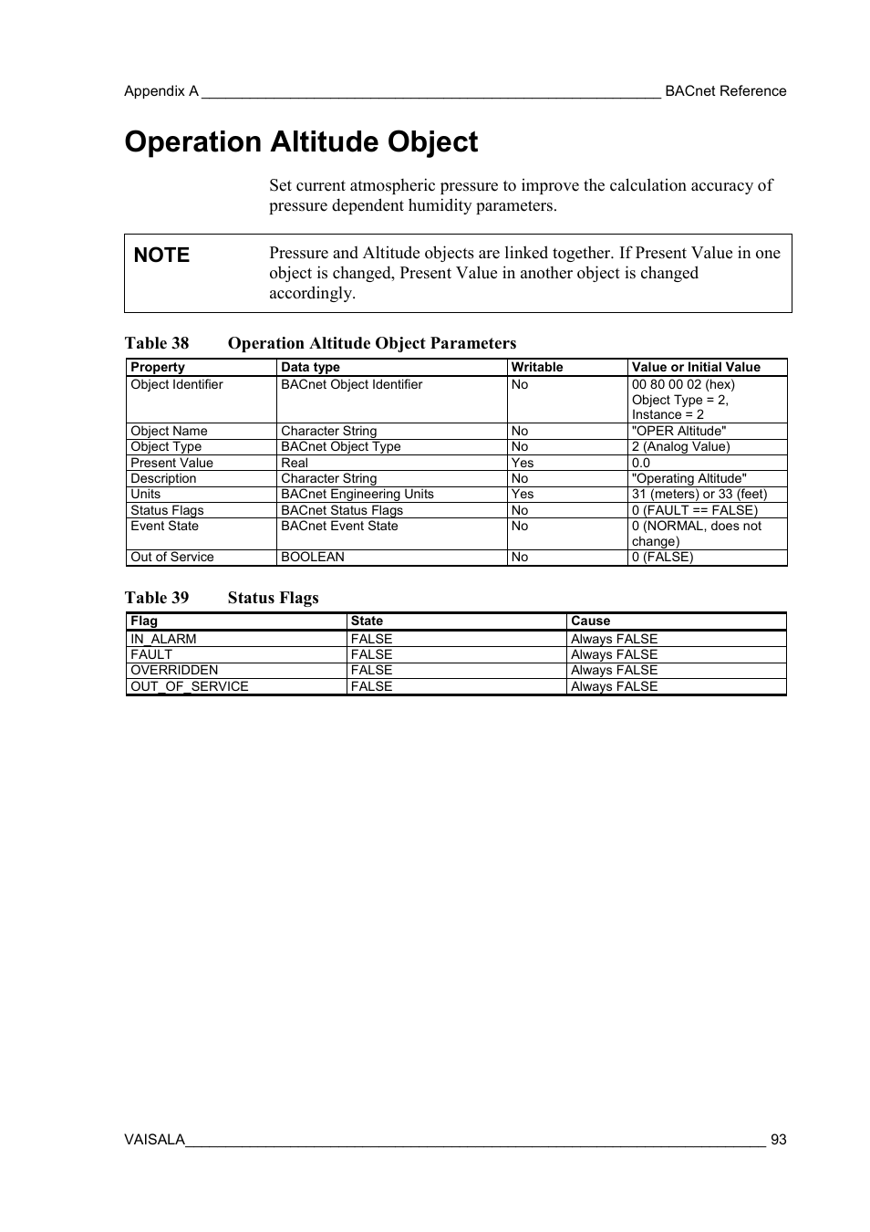 Operation altitude object, Table 39 status flags | Vaisala GMW90 User Manual | Page 95 / 101