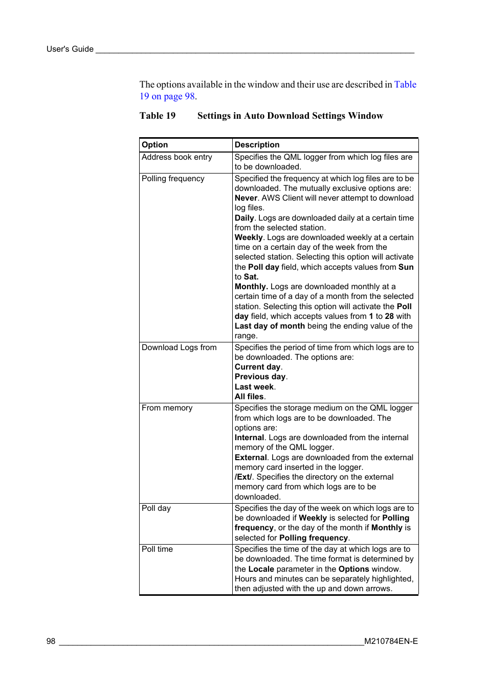 Table 19, Settings in auto download settings window | Vaisala Hydromet Data Collection Platform User Manual | Page 100 / 160