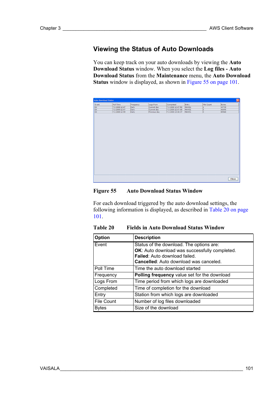 Viewing the status of auto downloads, Figure 55, Auto download status window | Table 20, Fields in auto download status window | Vaisala Hydromet Data Collection Platform User Manual | Page 103 / 160