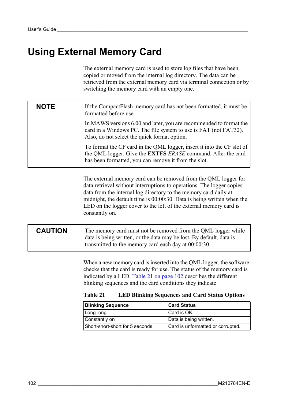 Using external memory card, Table 21, Led blinking sequences and card status options | Caution | Vaisala Hydromet Data Collection Platform User Manual | Page 104 / 160