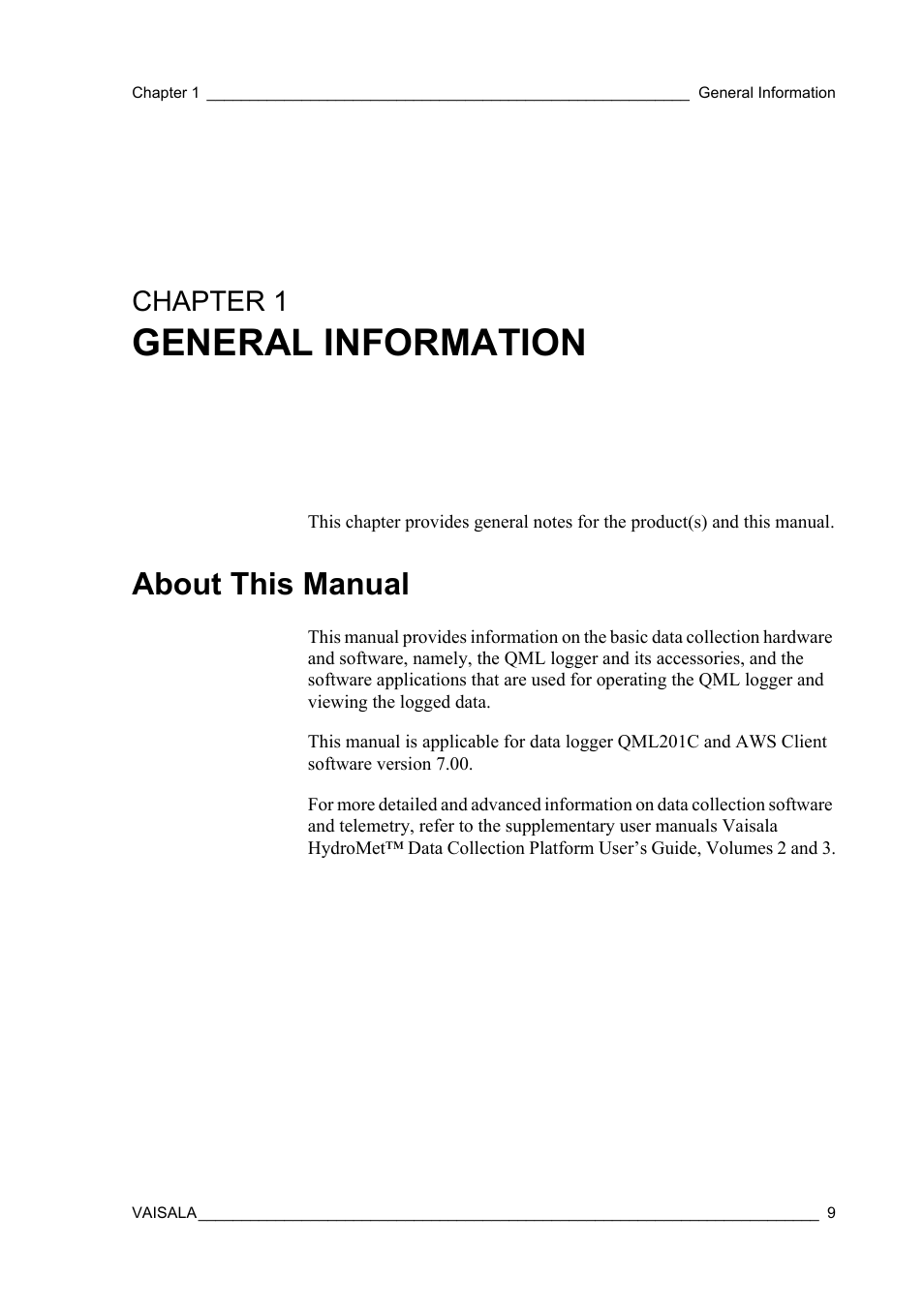 Chapter 1 general information, About this manual, Chapter 1 | General information | Vaisala Hydromet Data Collection Platform User Manual | Page 11 / 160