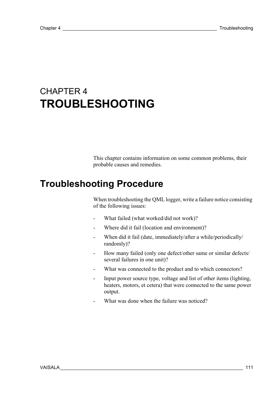 Chapter 4 troubleshooting, Troubleshooting procedure, Chapter 4 | Troubleshooting | Vaisala Hydromet Data Collection Platform User Manual | Page 113 / 160
