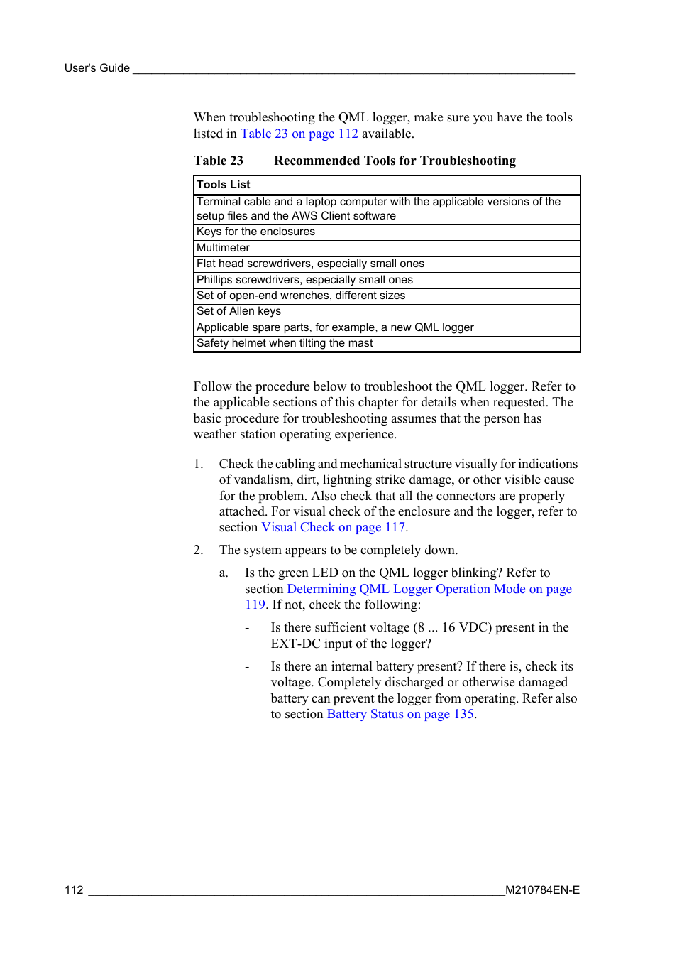 Table 23, Recommended tools for troubleshooting | Vaisala Hydromet Data Collection Platform User Manual | Page 114 / 160