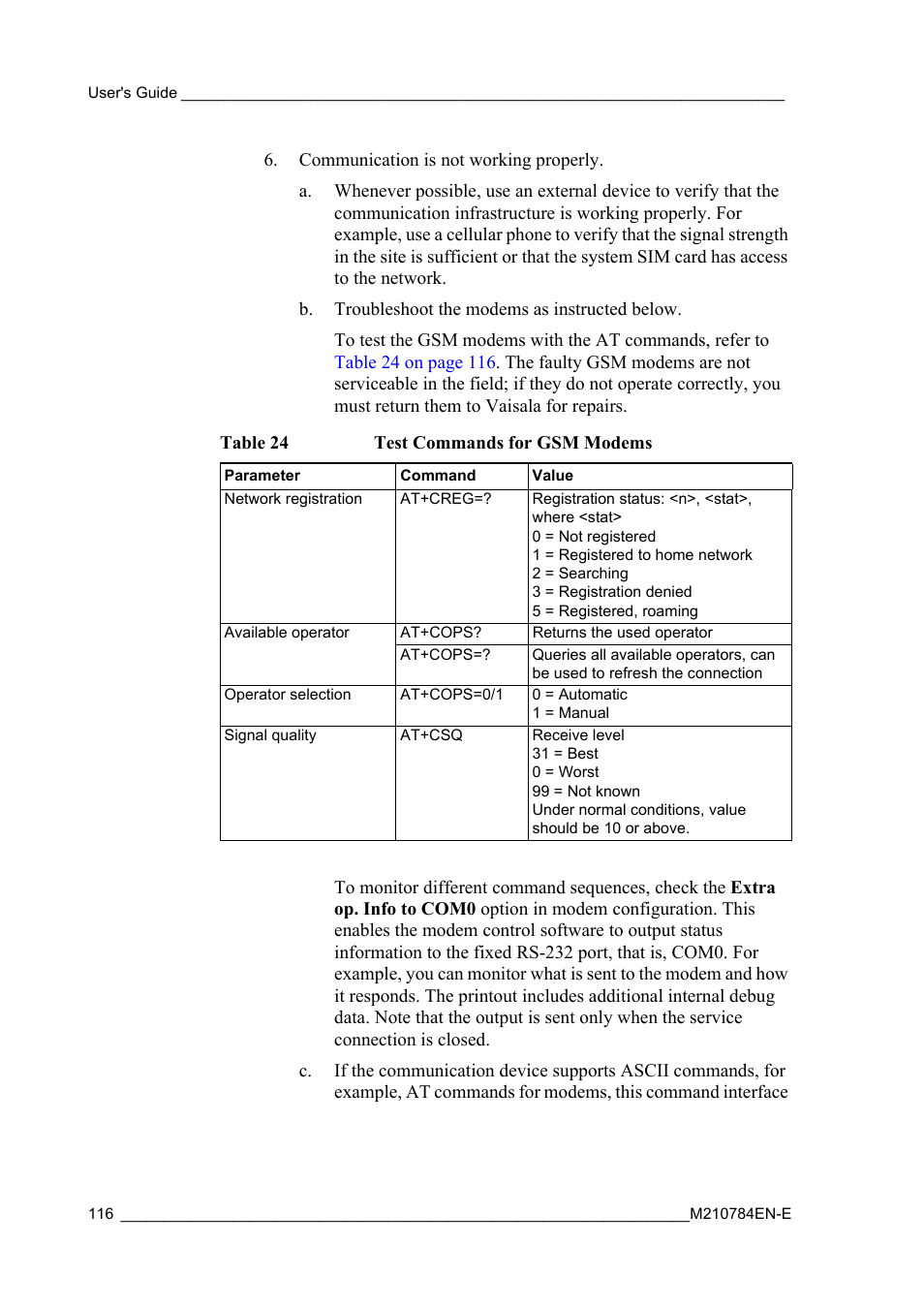 Table 24, Test commands for gsm modems | Vaisala Hydromet Data Collection Platform User Manual | Page 118 / 160