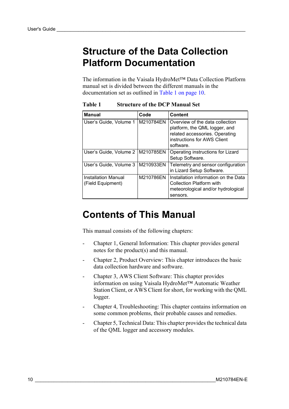 Contents of this manual, Table 1, Structure of the dcp manual set | Vaisala Hydromet Data Collection Platform User Manual | Page 12 / 160