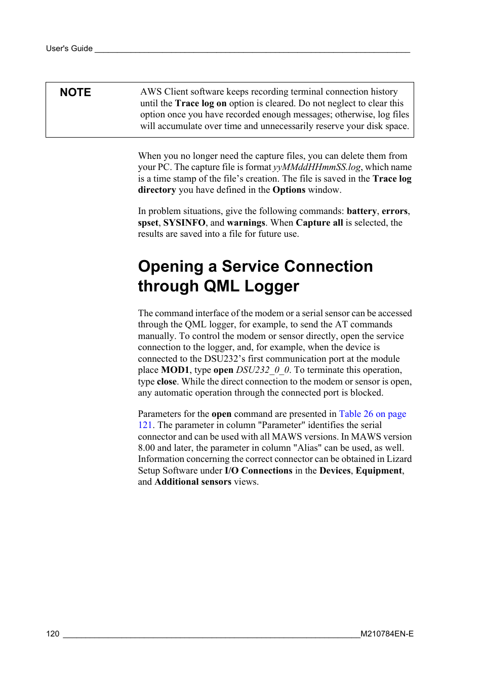Opening a service connection through qml logger, Opening a service connection, Through qml logger | Through qml logger on, Opening a service, Connection | Vaisala Hydromet Data Collection Platform User Manual | Page 122 / 160