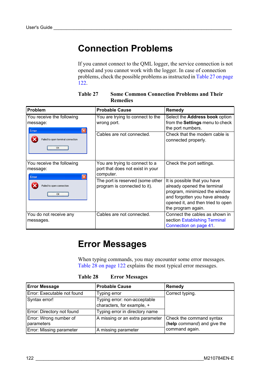 Connection problems, Error messages, Connection problems error messages | Table 27, Some common connection problems and their remedies, Table 28 | Vaisala Hydromet Data Collection Platform User Manual | Page 124 / 160
