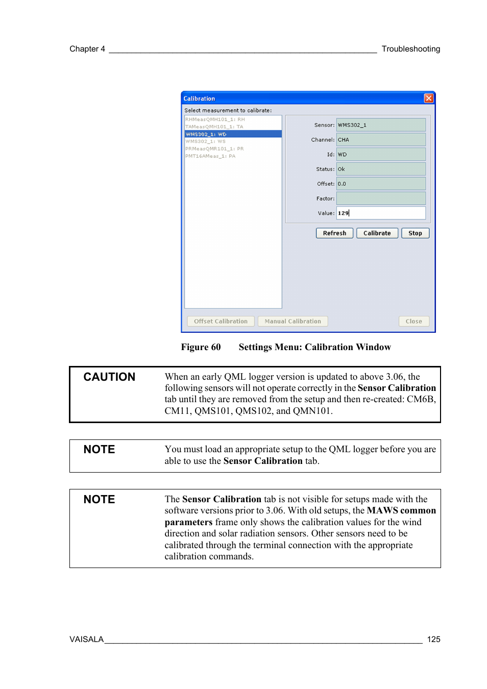 Figure 60, Settings menu: calibration window, The sensor list is displayed on | Caution | Vaisala Hydromet Data Collection Platform User Manual | Page 127 / 160