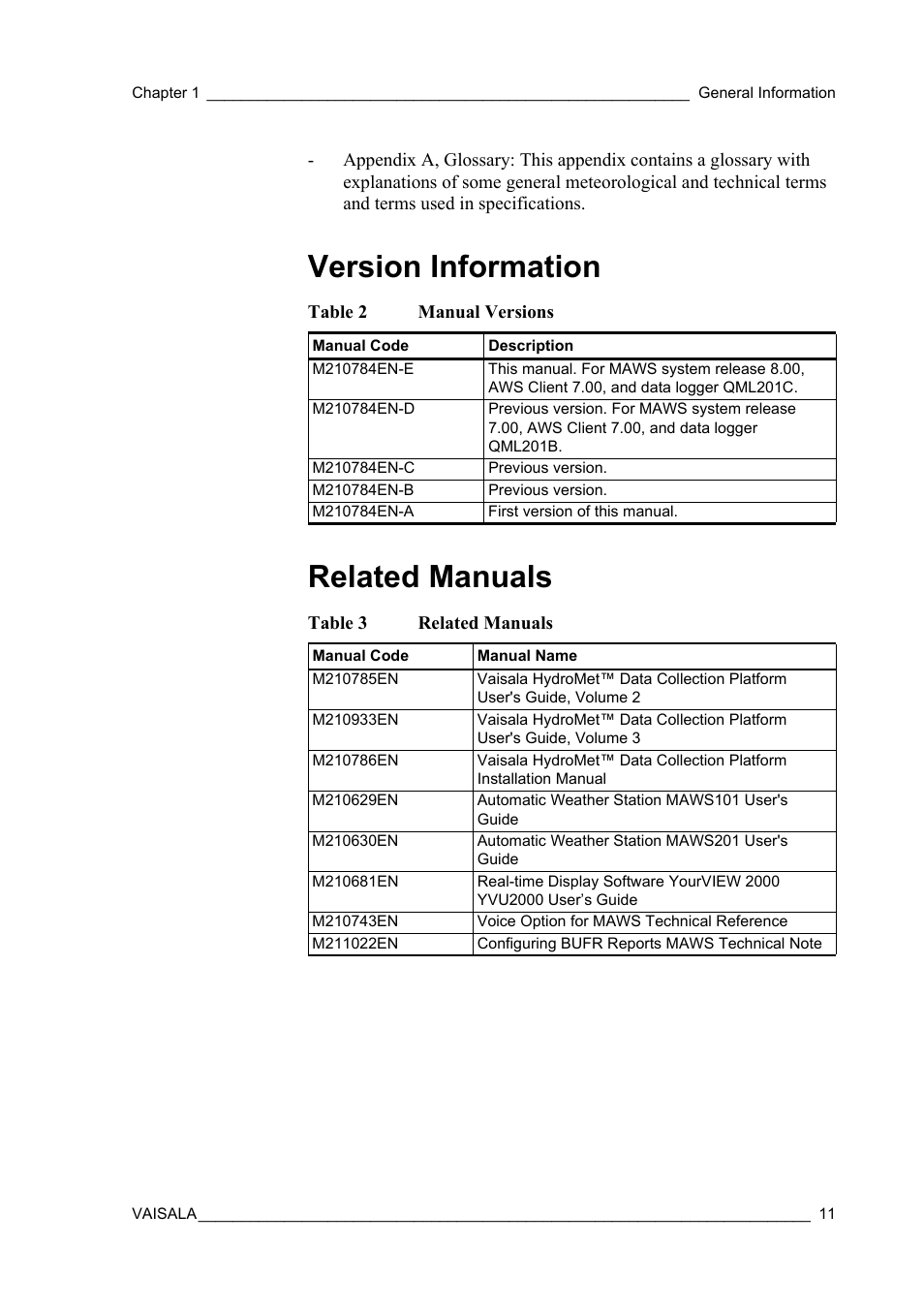 Version information, Related manuals, Version information related manuals | Table 2, Manual versions, Table 3 | Vaisala Hydromet Data Collection Platform User Manual | Page 13 / 160