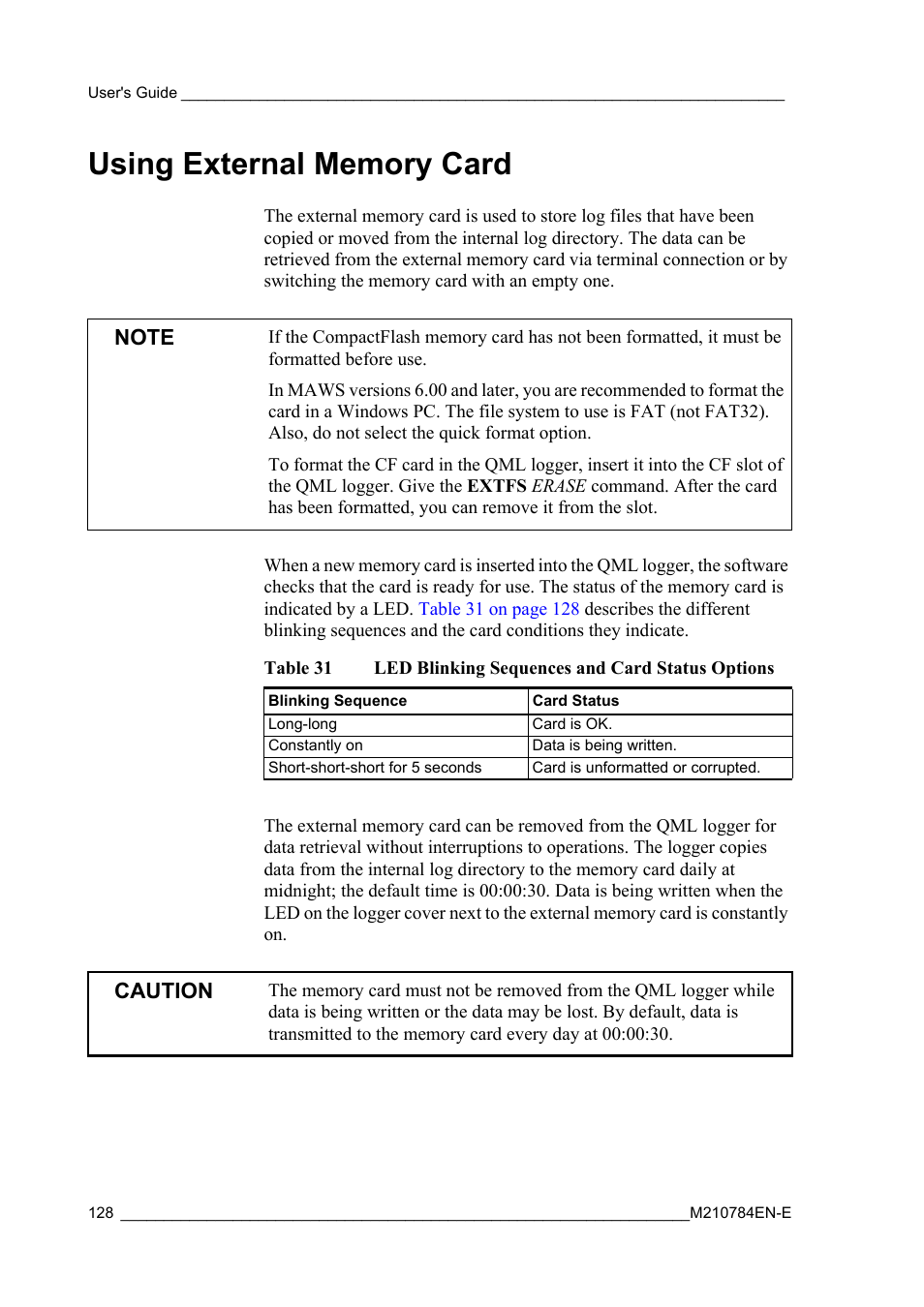Using external memory card, Table 31, Led blinking sequences and card status options | For more information, refer to section, Using external, Caution | Vaisala Hydromet Data Collection Platform User Manual | Page 130 / 160