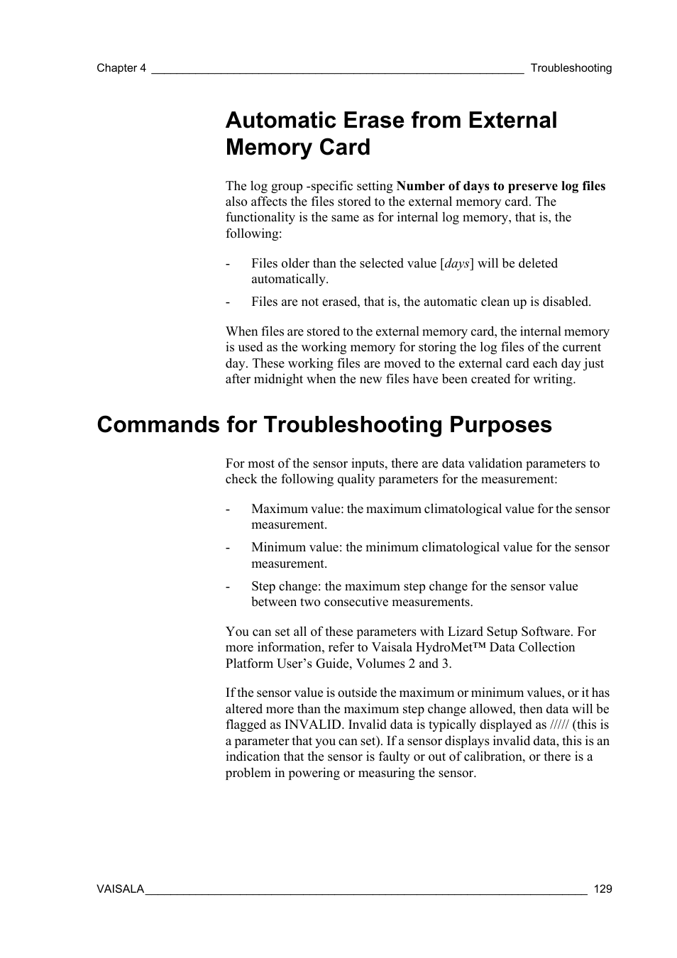 Automatic erase from external memory card, Commands for troubleshooting purposes | Vaisala Hydromet Data Collection Platform User Manual | Page 131 / 160