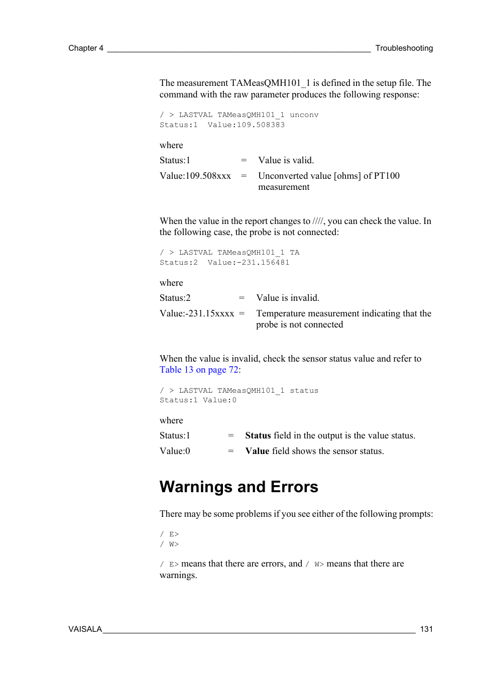Warnings and errors | Vaisala Hydromet Data Collection Platform User Manual | Page 133 / 160