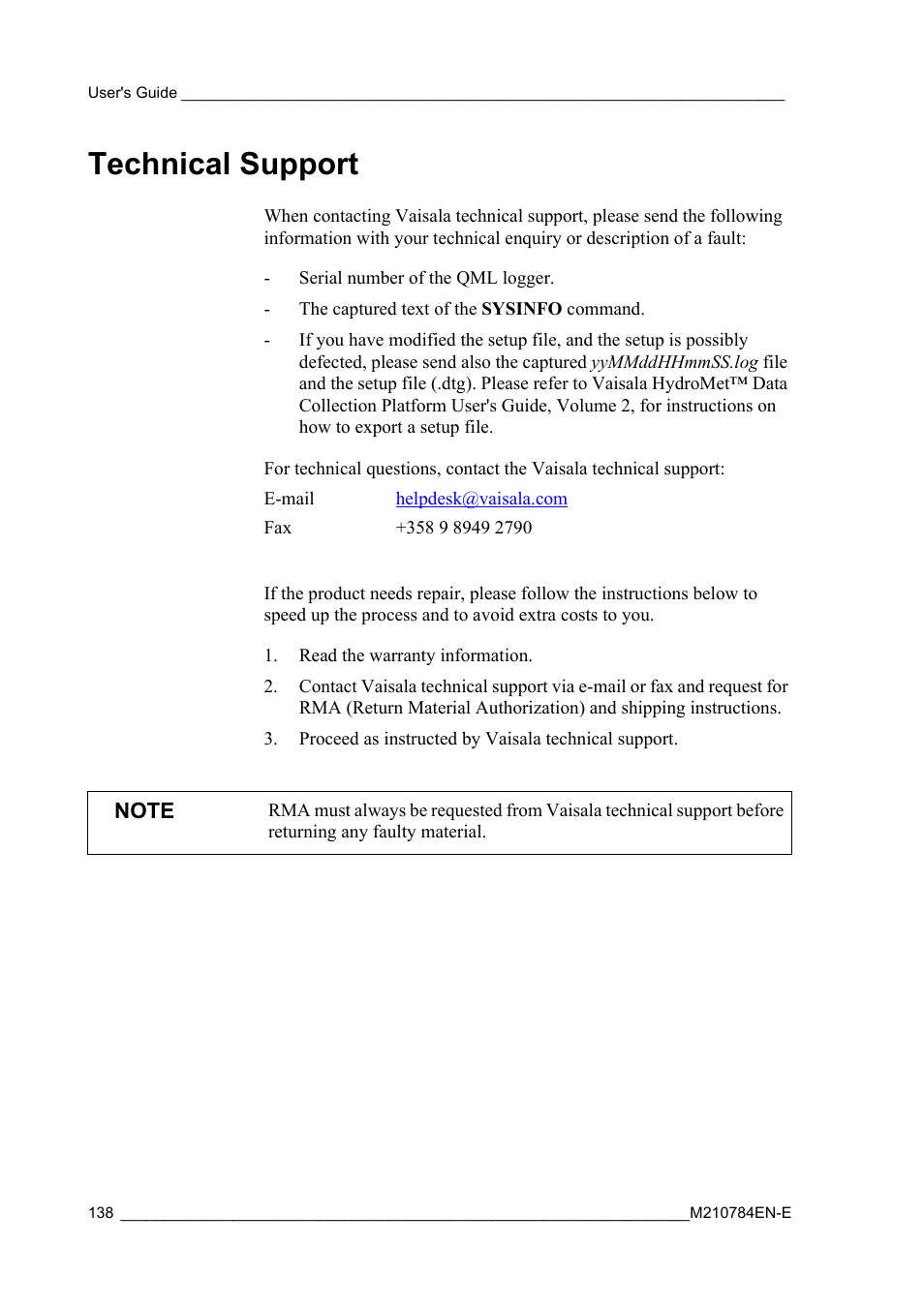 Technical support, Section, Support (see section | Vaisala Hydromet Data Collection Platform User Manual | Page 140 / 160