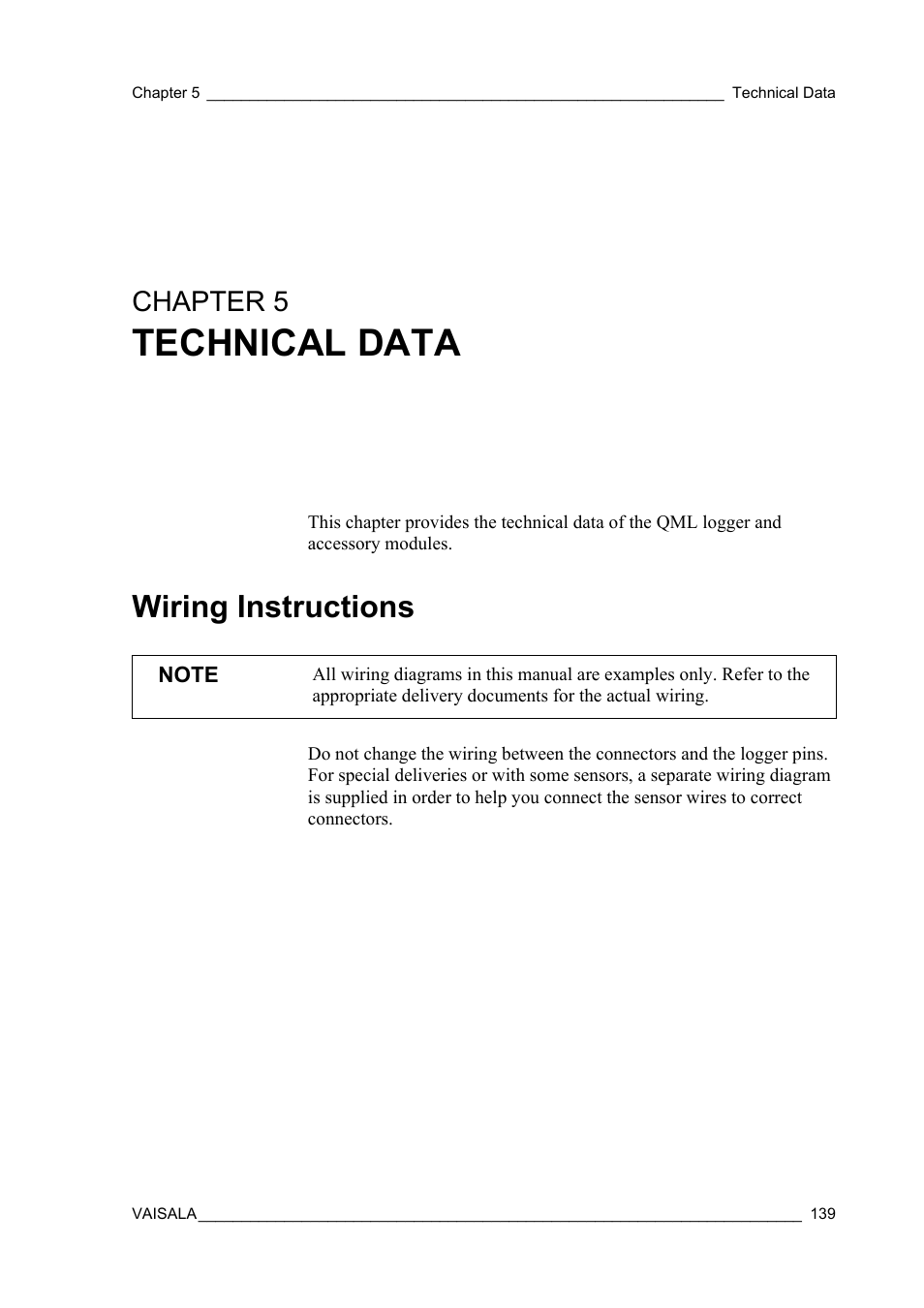 Chapter 5 technical data, Wiring instructions, Chapter 5 | Technical data | Vaisala Hydromet Data Collection Platform User Manual | Page 141 / 160