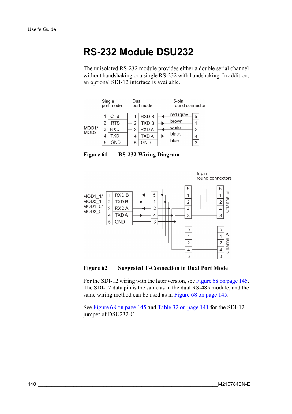 Rs-232 module dsu232, Figure 61, Rs-232 wiring diagram | Figure 62, Suggested t-connection in dual port mode | Vaisala Hydromet Data Collection Platform User Manual | Page 142 / 160