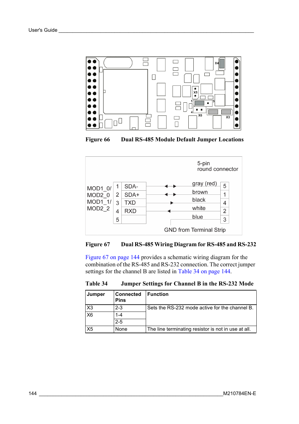 Figure 66, Dual rs-485 module default jumper locations, Figure 67 | Dual rs-485 wiring diagram for rs-485 and rs-232, Table 34, Jumper settings for channel b in the rs-232 mode, Figure | Vaisala Hydromet Data Collection Platform User Manual | Page 146 / 160