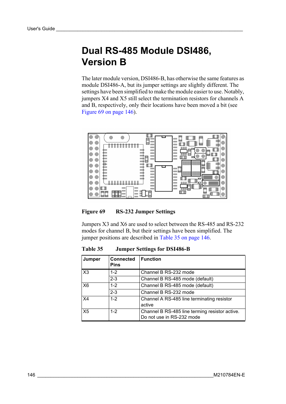 Dual rs-485 module dsi486, version b, Figure 69, Rs-232 jumper settings | Table 35, Jumper settings for dsi486-b | Vaisala Hydromet Data Collection Platform User Manual | Page 148 / 160
