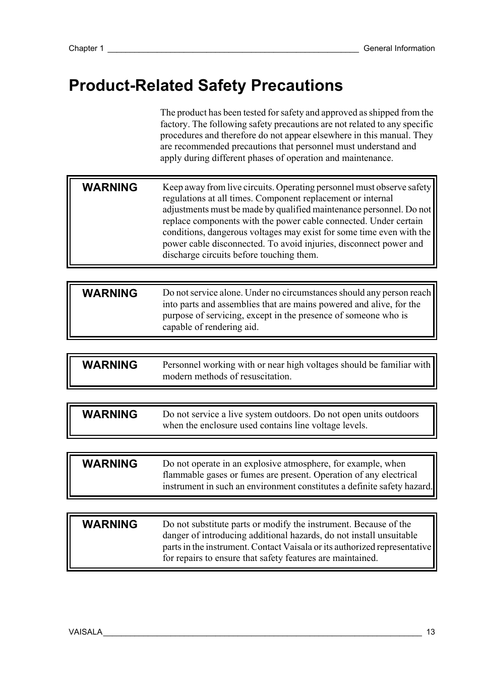 Product-related safety precautions | Vaisala Hydromet Data Collection Platform User Manual | Page 15 / 160