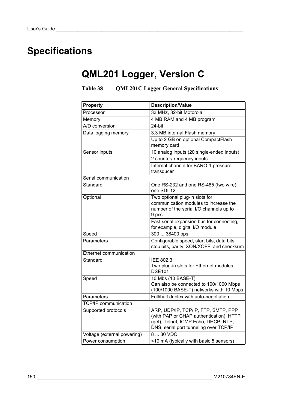 Specifications, Qml201 logger, version c, Table 38 | Qml201c logger general specifications, Specifications qml201 logger, version c | Vaisala Hydromet Data Collection Platform User Manual | Page 152 / 160