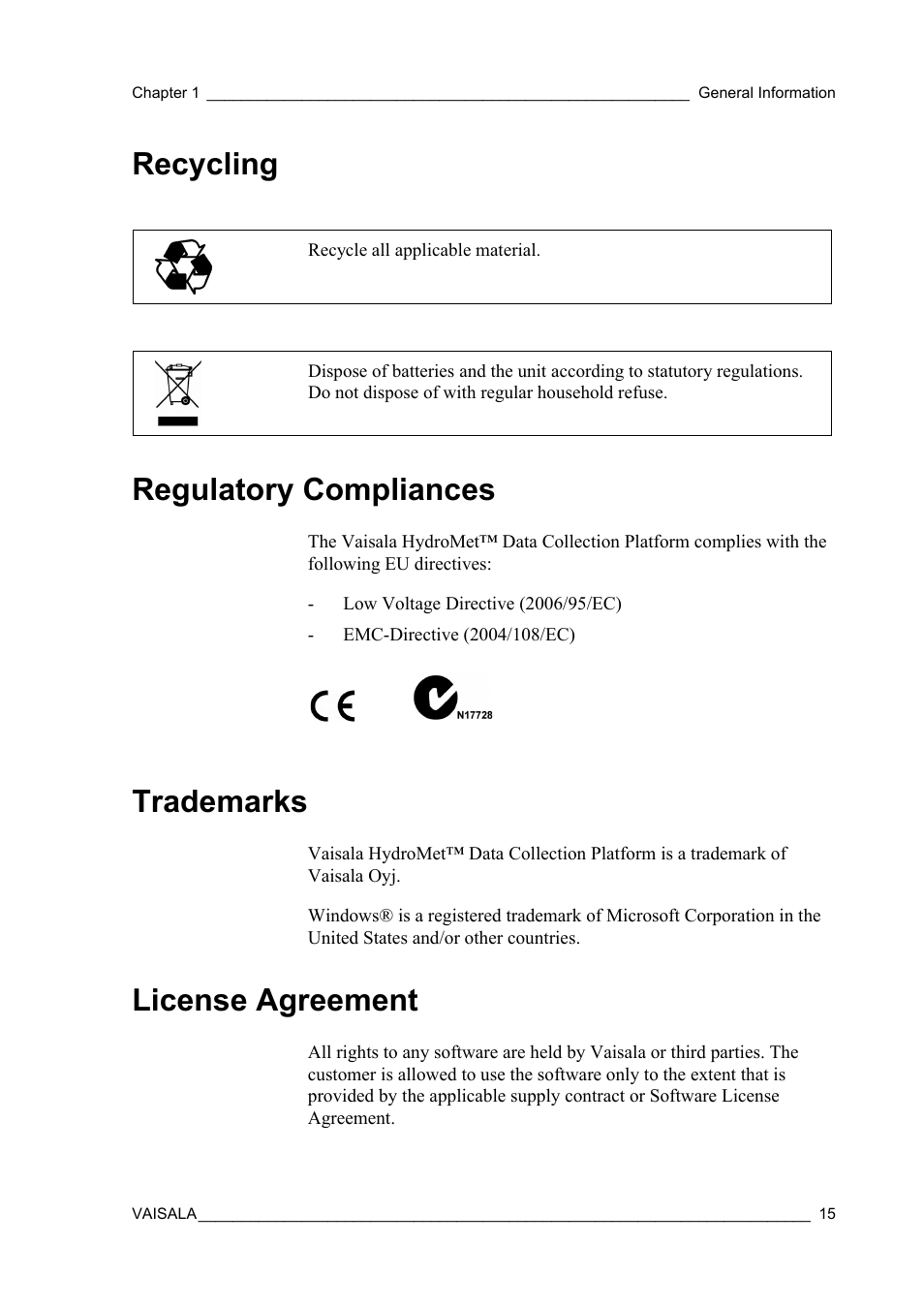 Recycling, Regulatory compliances, Trademarks | License agreement, Recycling regulatory compliances | Vaisala Hydromet Data Collection Platform User Manual | Page 17 / 160