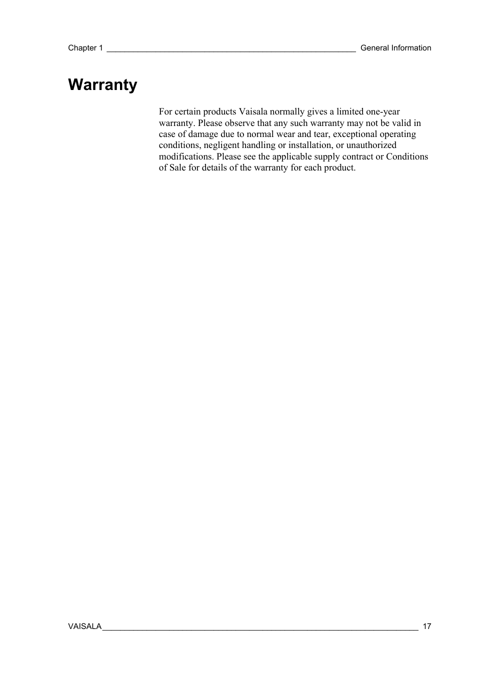 Warranty | Vaisala Hydromet Data Collection Platform User Manual | Page 19 / 160