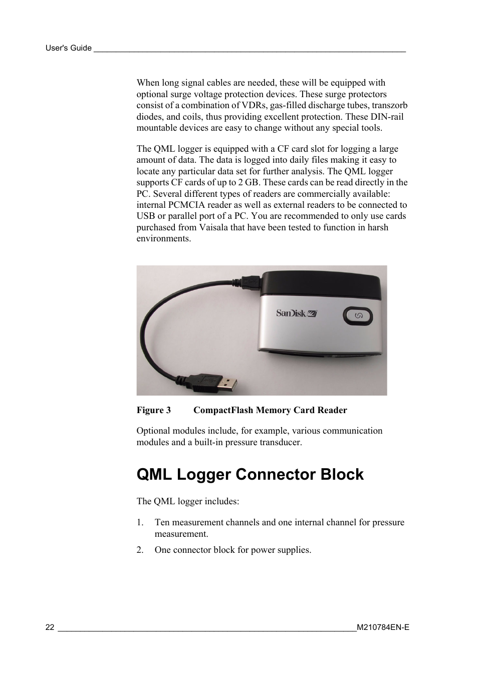 Qml logger connector block, Figure 3, Compactflash memory card reader | Vaisala Hydromet Data Collection Platform User Manual | Page 24 / 160