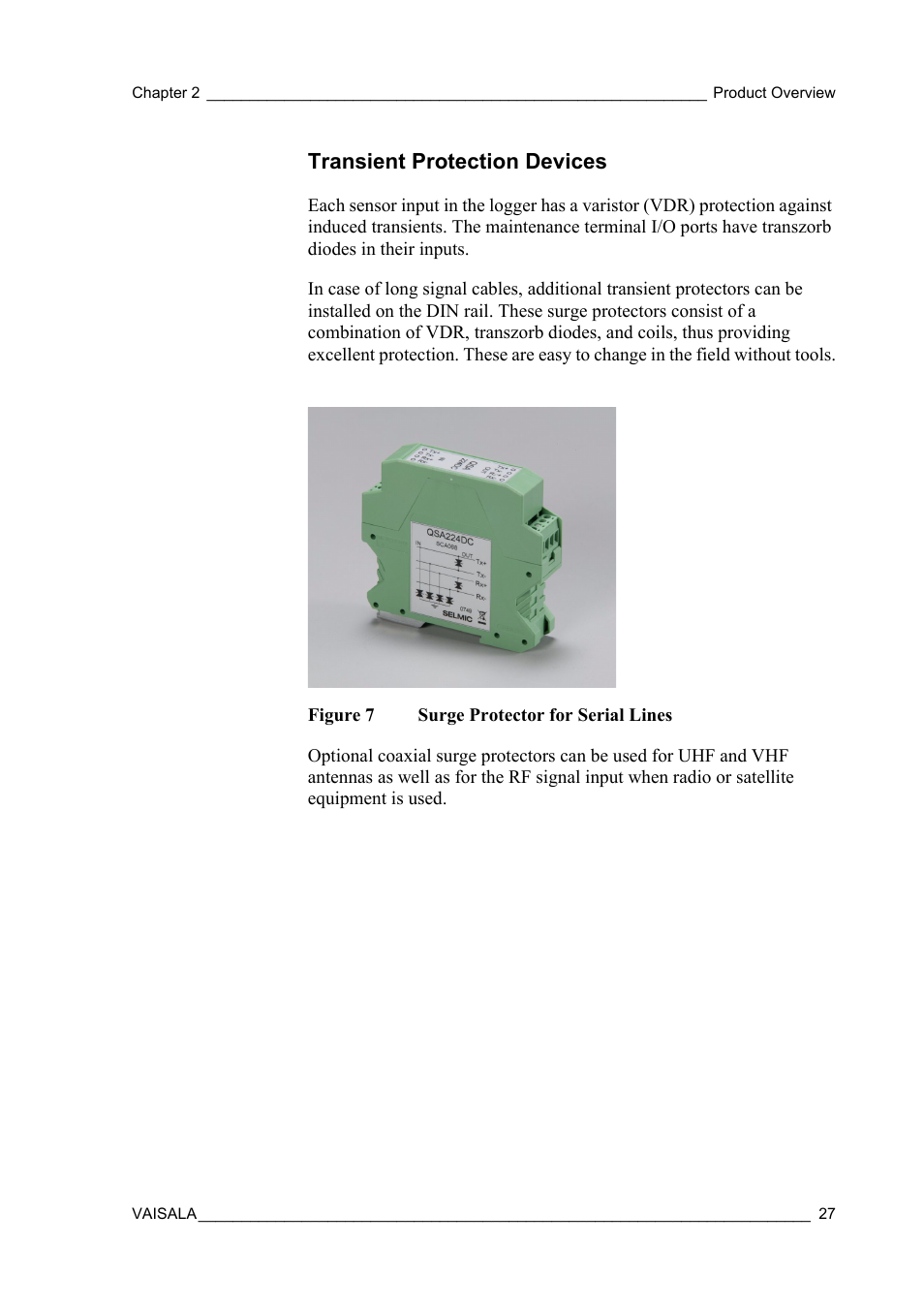 Transient protection devices, Figure 7, Surge protector for serial lines | Vaisala Hydromet Data Collection Platform User Manual | Page 29 / 160