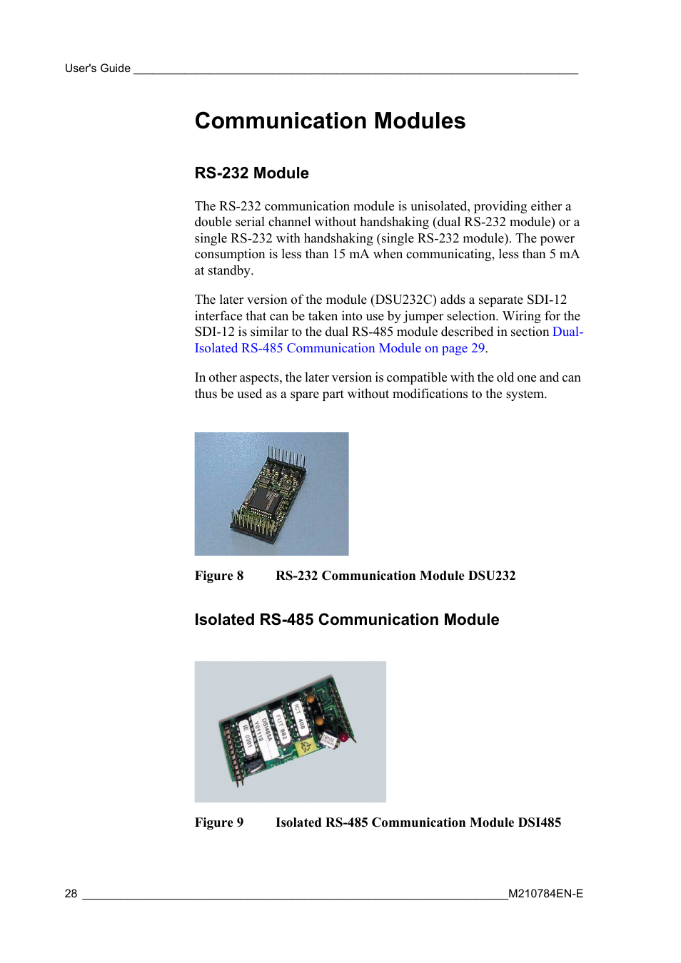 Communication modules, Rs-232 module, Isolated rs-485 communication module | Rs-232 module isolated rs-485 communication module, Figure 8, Rs-232 communication module dsu232, Figure 9, Isolated rs-485 communication module dsi485 | Vaisala Hydromet Data Collection Platform User Manual | Page 30 / 160