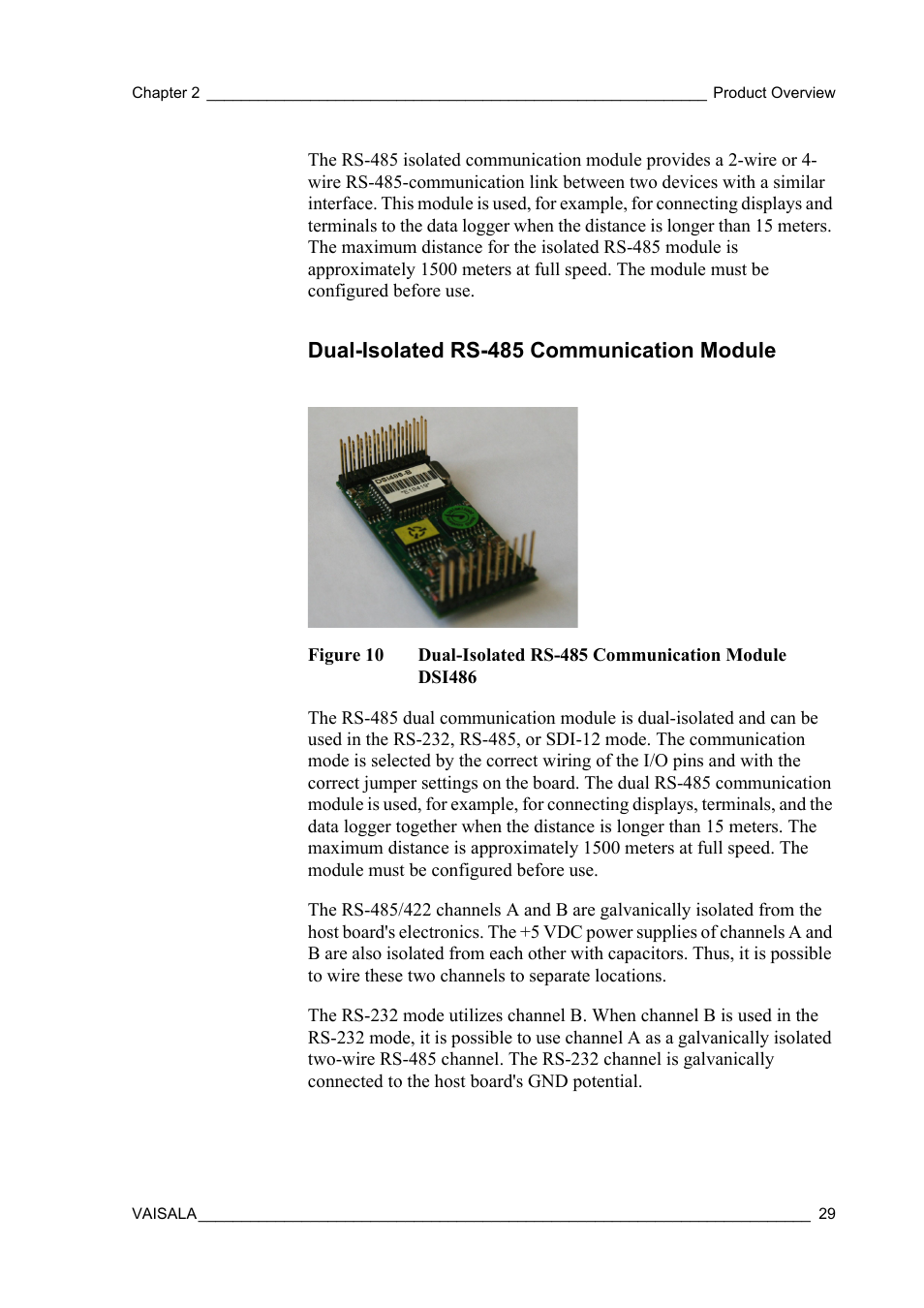 Dual-isolated rs-485 communication module, Figure 10, Dual-isolated rs-485 communication module dsi486 | 85 module described in section, Dual | Vaisala Hydromet Data Collection Platform User Manual | Page 31 / 160