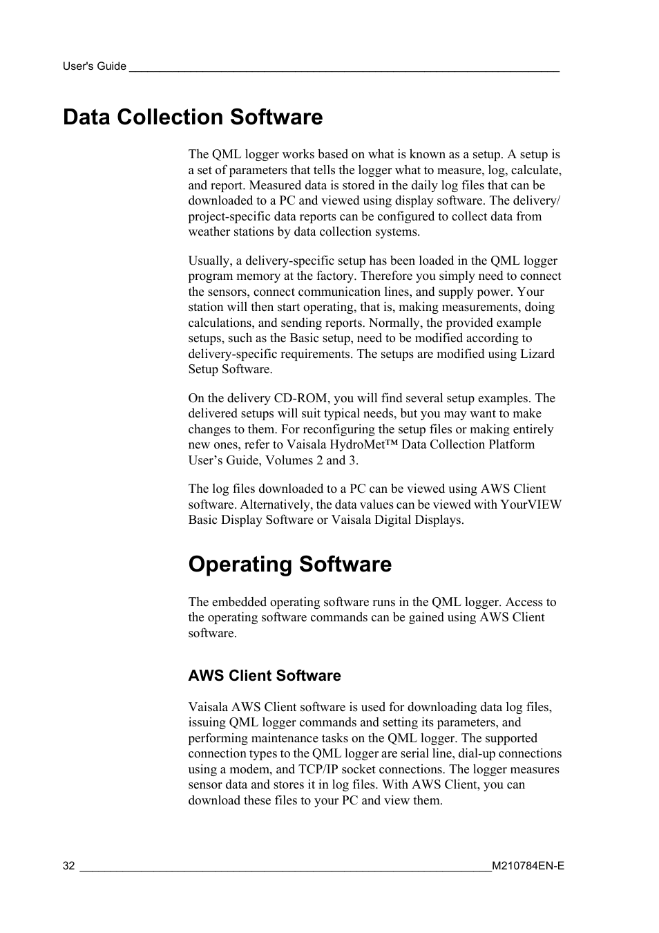 Data collection software, Operating software, Aws client software | Vaisala Hydromet Data Collection Platform User Manual | Page 34 / 160
