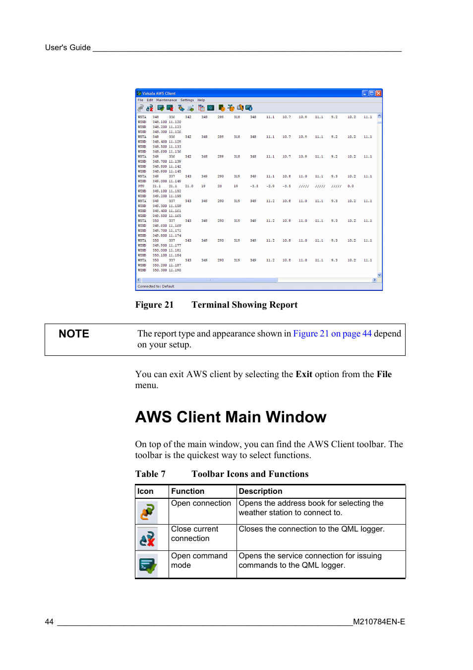 Aws client main window, Figure 21, Terminal showing report | Table 7, Toolbar icons and functions, On the main window as shown in | Vaisala Hydromet Data Collection Platform User Manual | Page 46 / 160