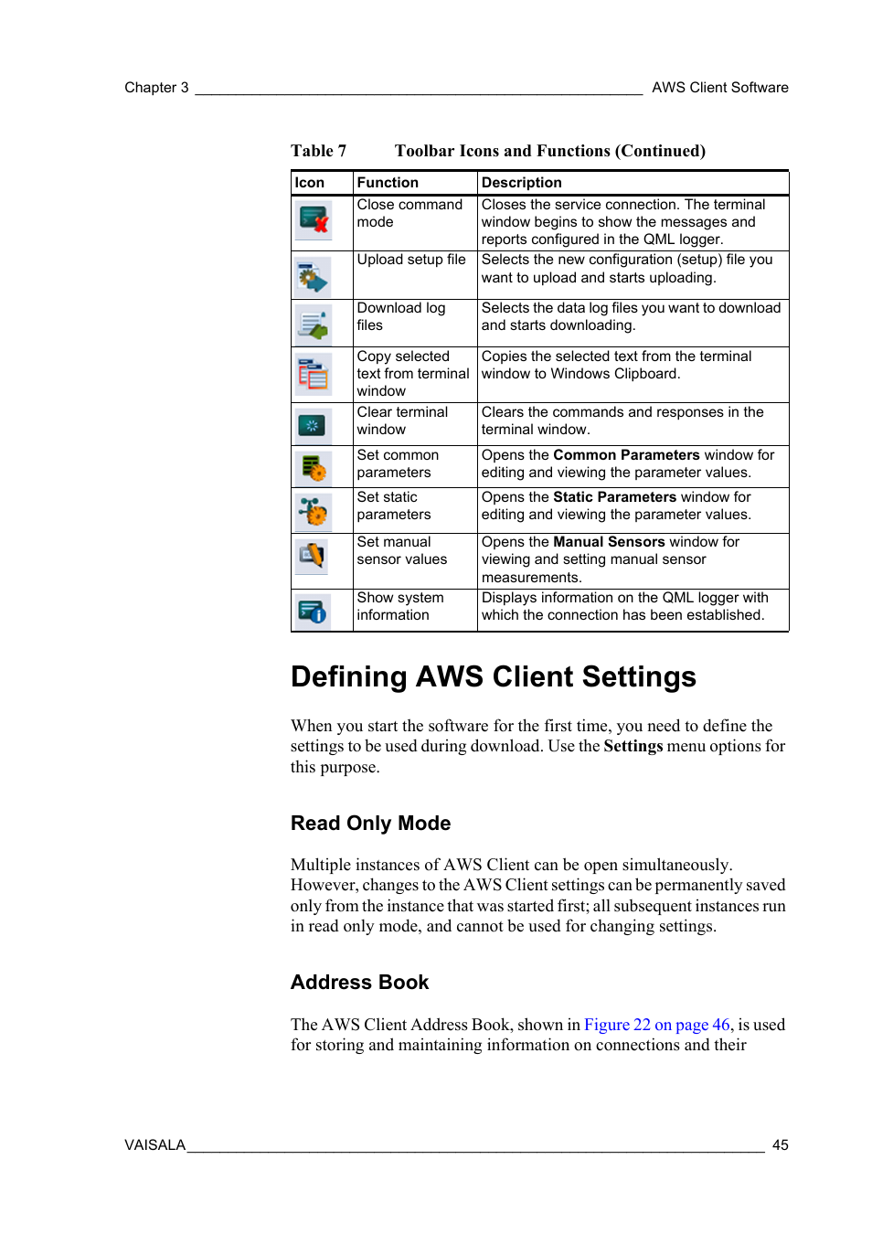 Defining aws client settings, Read only mode, Address book | Read only mode address book | Vaisala Hydromet Data Collection Platform User Manual | Page 47 / 160
