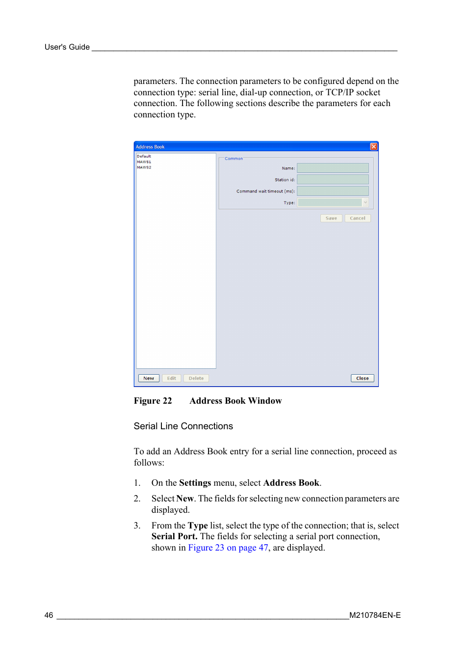 Serial line connections, Figure 22, Address book window | Vaisala Hydromet Data Collection Platform User Manual | Page 48 / 160