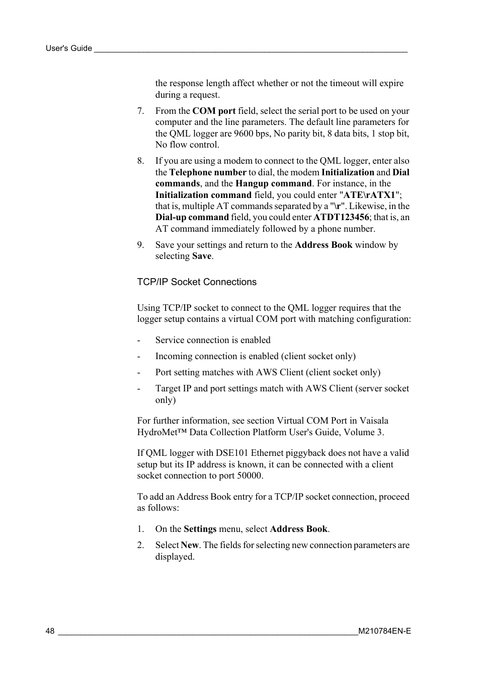 Tcp/ip socket connections | Vaisala Hydromet Data Collection Platform User Manual | Page 50 / 160