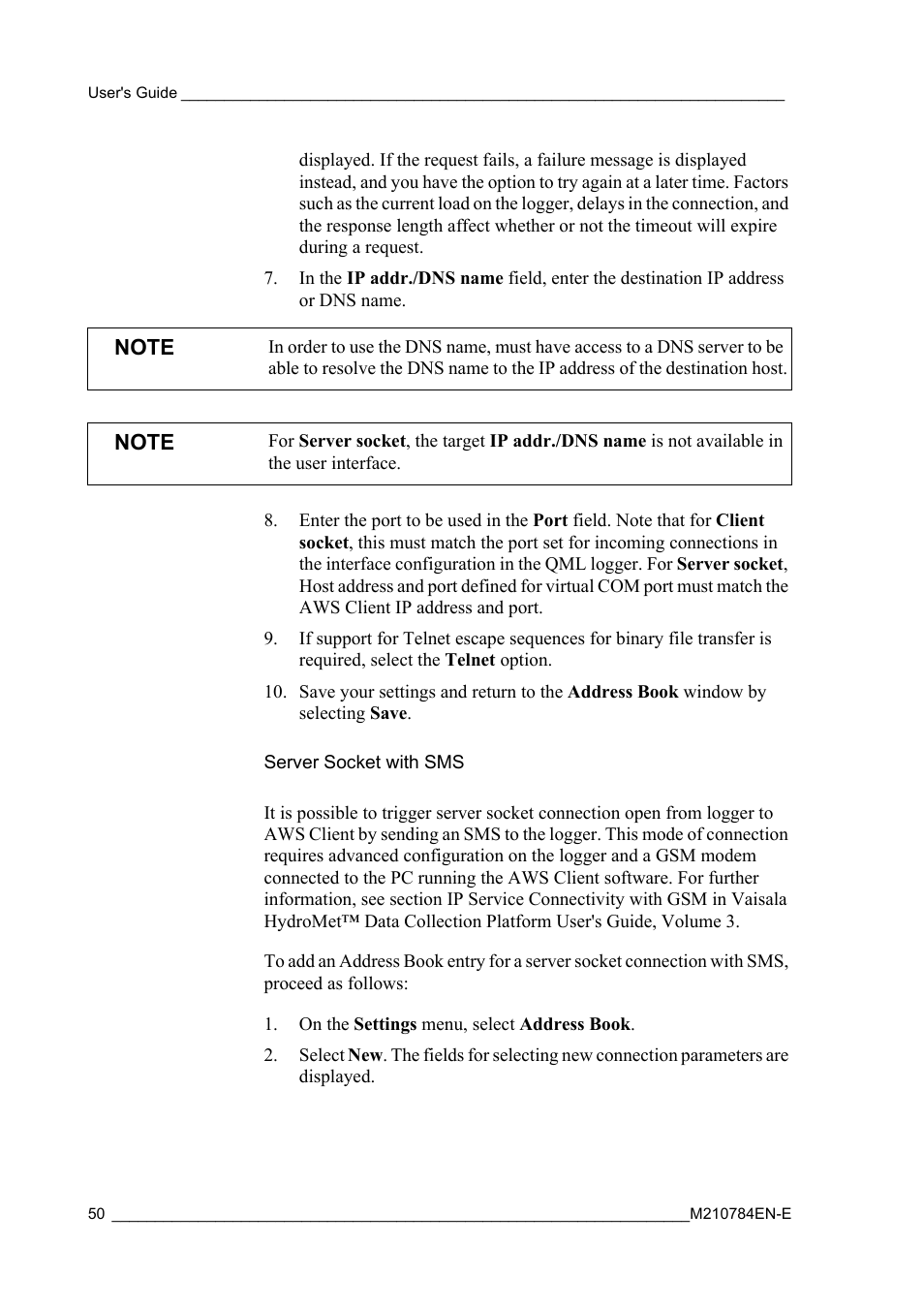 Server socket with sms | Vaisala Hydromet Data Collection Platform User Manual | Page 52 / 160
