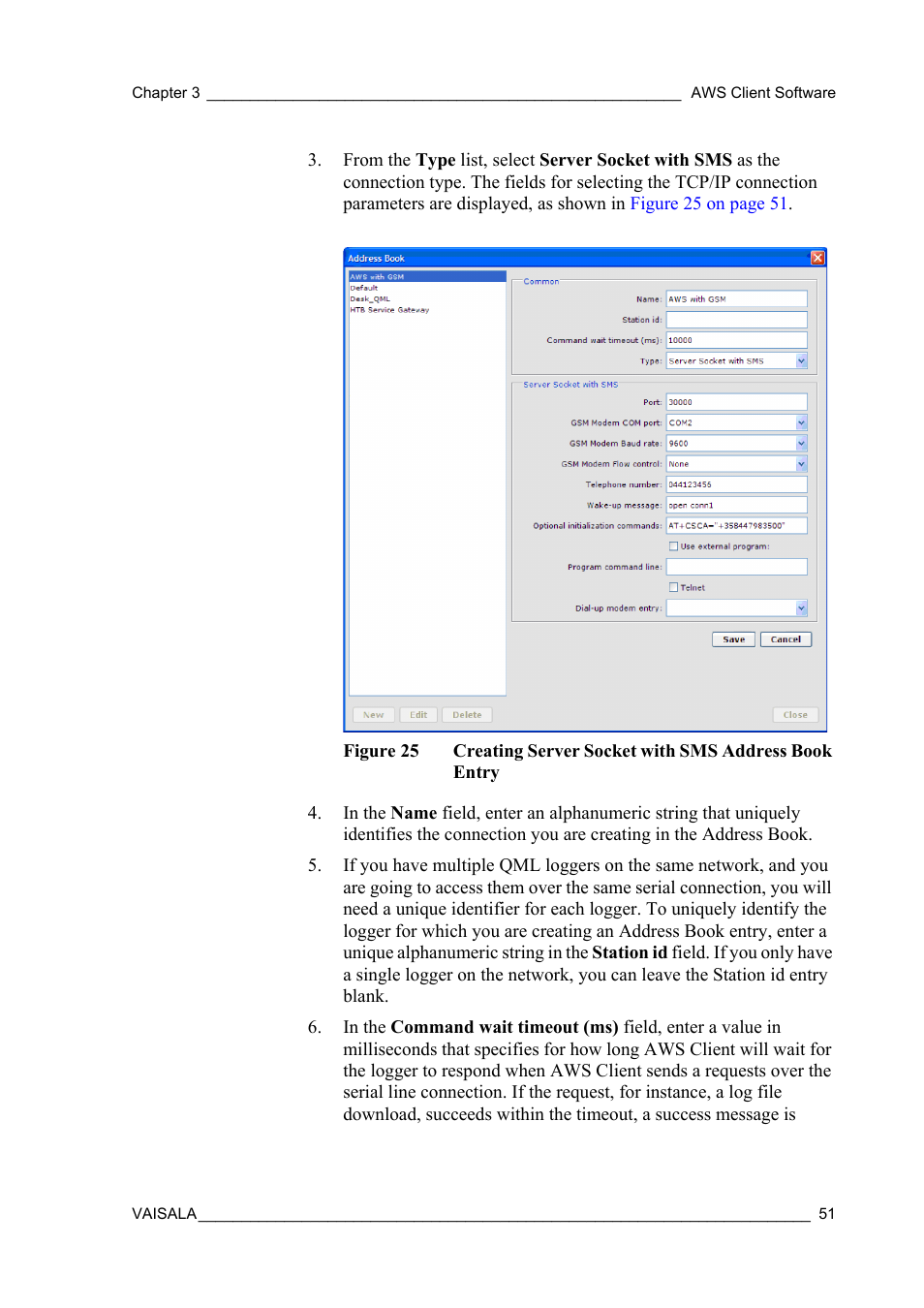 Figure 25, Creating server socket with sms address book entry | Vaisala Hydromet Data Collection Platform User Manual | Page 53 / 160