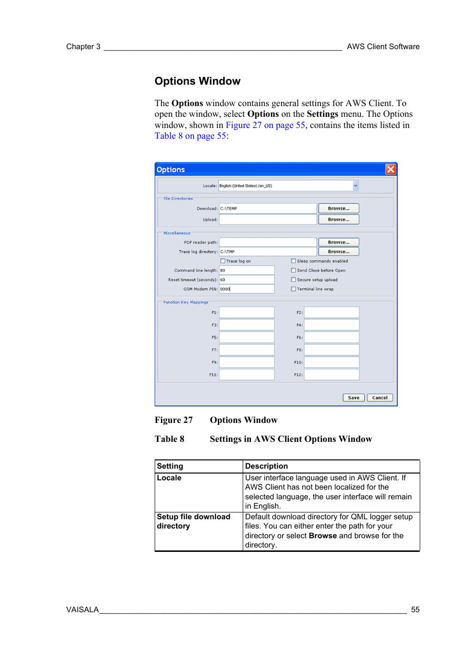 Options window, Figure 27, Table 8 | Settings in aws client options window | Vaisala Hydromet Data Collection Platform User Manual | Page 57 / 160