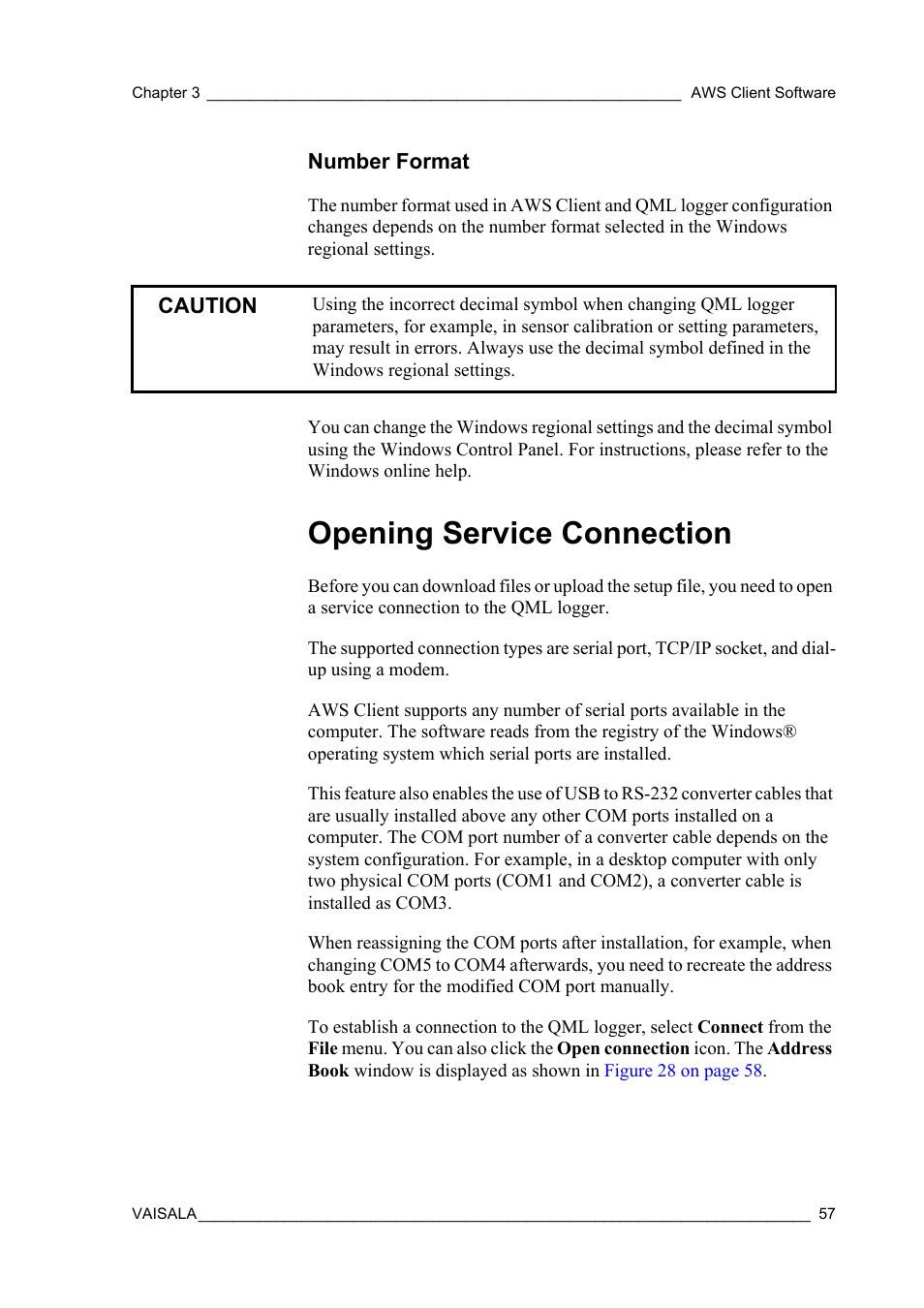 Number format, Opening service connection | Vaisala Hydromet Data Collection Platform User Manual | Page 59 / 160