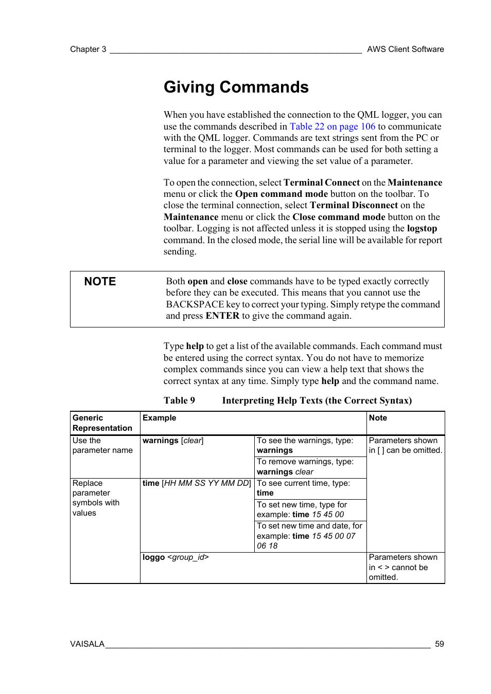 Giving commands, Table 9, Interpreting help texts (the correct syntax) | Vaisala Hydromet Data Collection Platform User Manual | Page 61 / 160