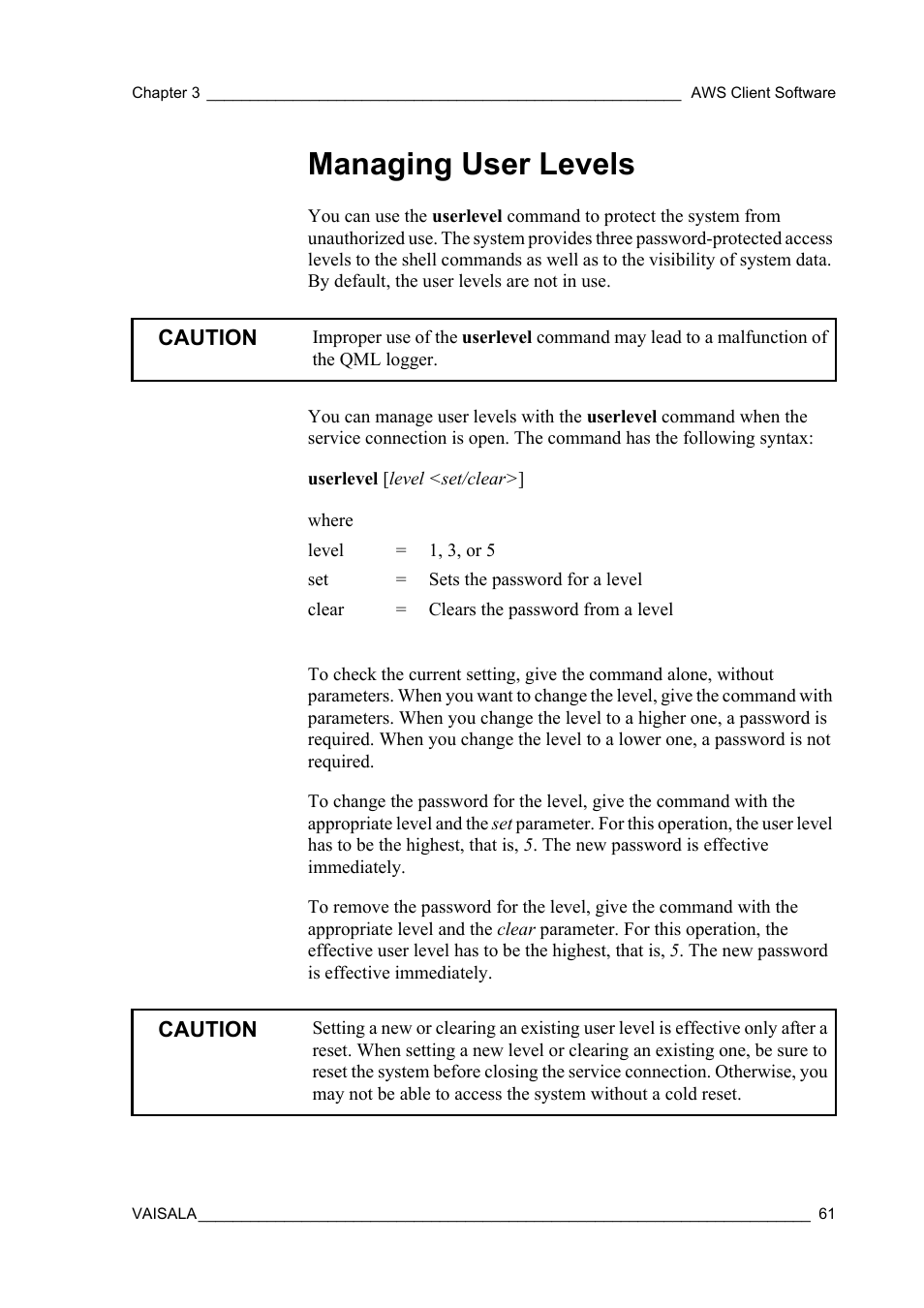 Managing user levels | Vaisala Hydromet Data Collection Platform User Manual | Page 63 / 160