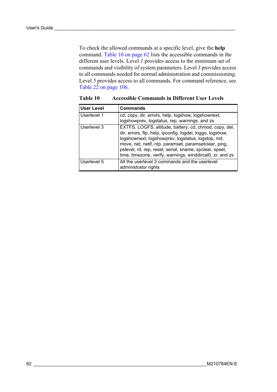 Table 10, Accessible commands in different user levels | Vaisala Hydromet Data Collection Platform User Manual | Page 64 / 160