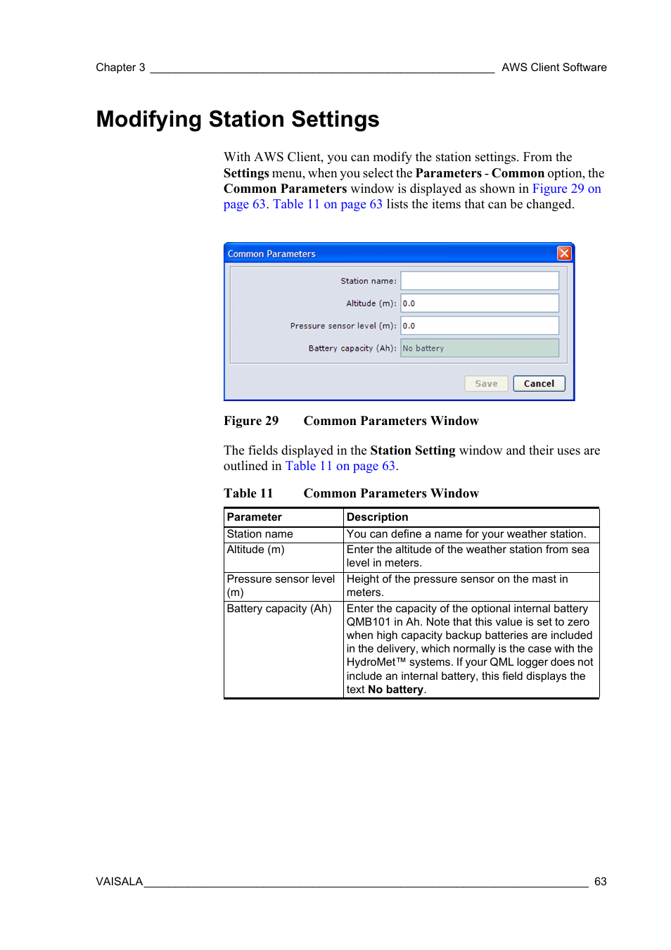 Modifying station settings, Figure 29, Common parameters window | Table 11 | Vaisala Hydromet Data Collection Platform User Manual | Page 65 / 160