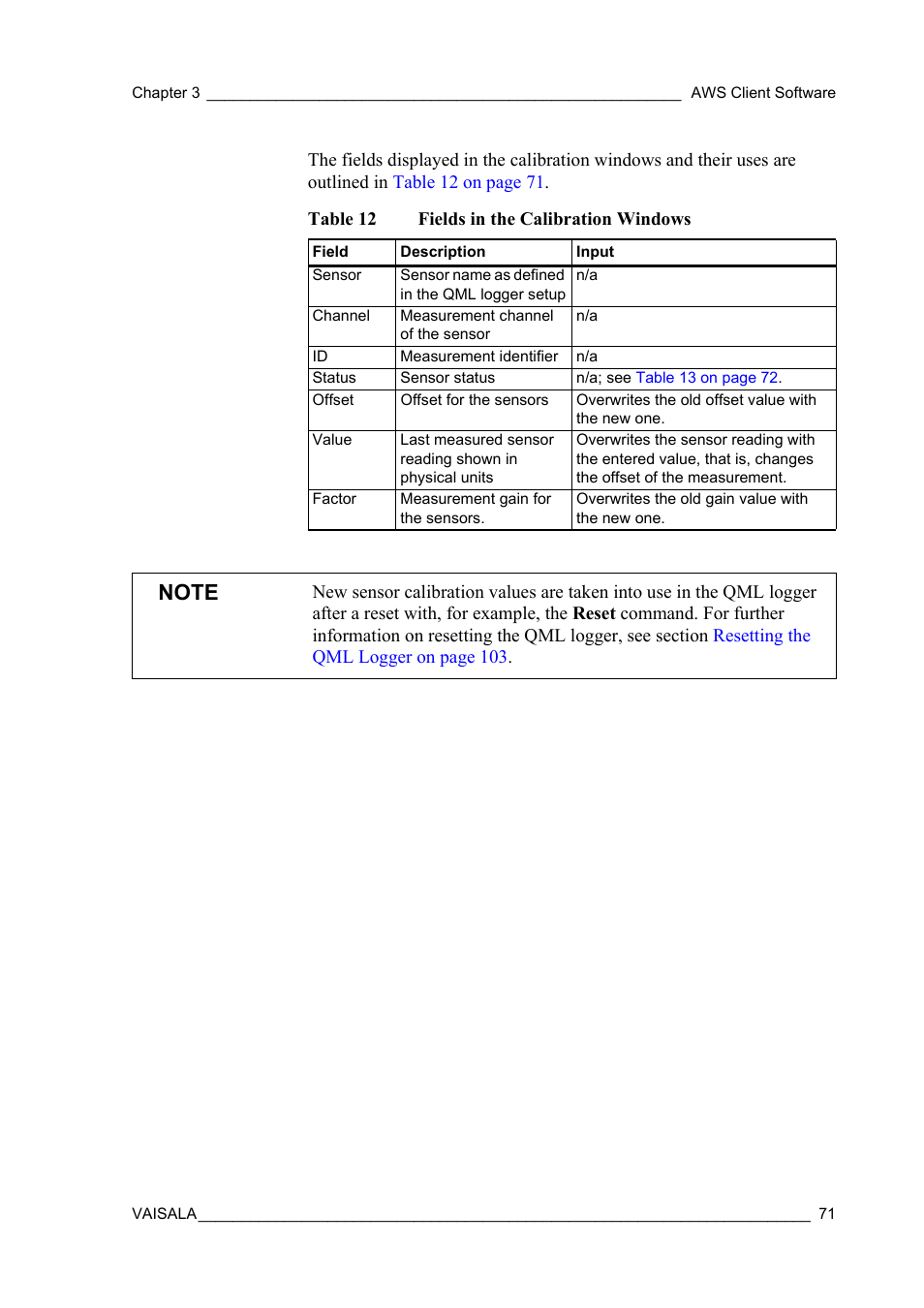 Table 12, Fields in the calibration windows | Vaisala Hydromet Data Collection Platform User Manual | Page 73 / 160