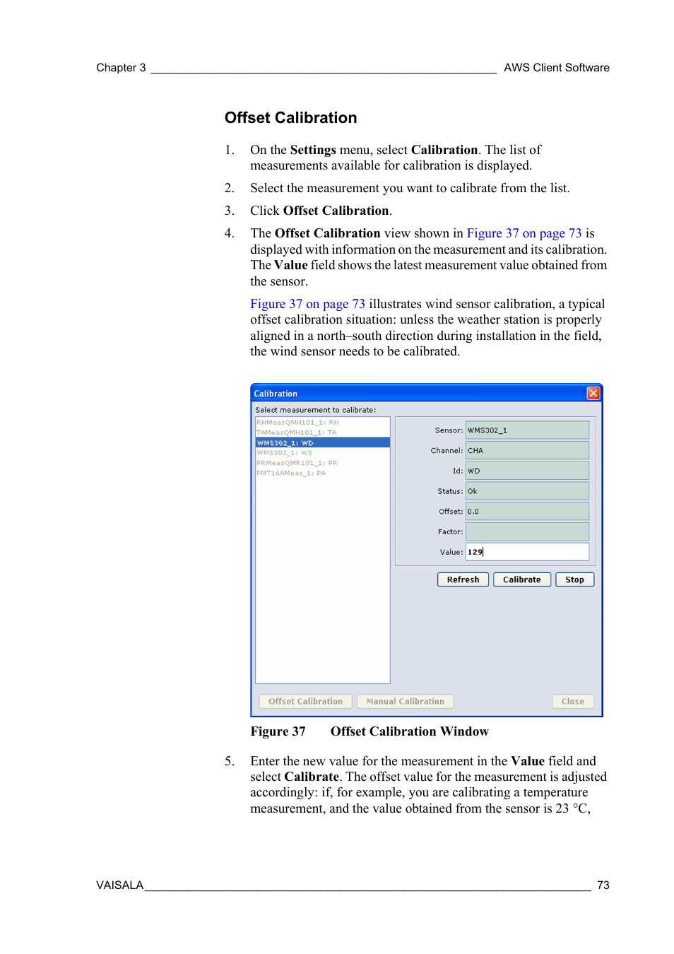 Offset calibration, Figure 37, Offset calibration window | Nual calibration are shown in | Vaisala Hydromet Data Collection Platform User Manual | Page 75 / 160