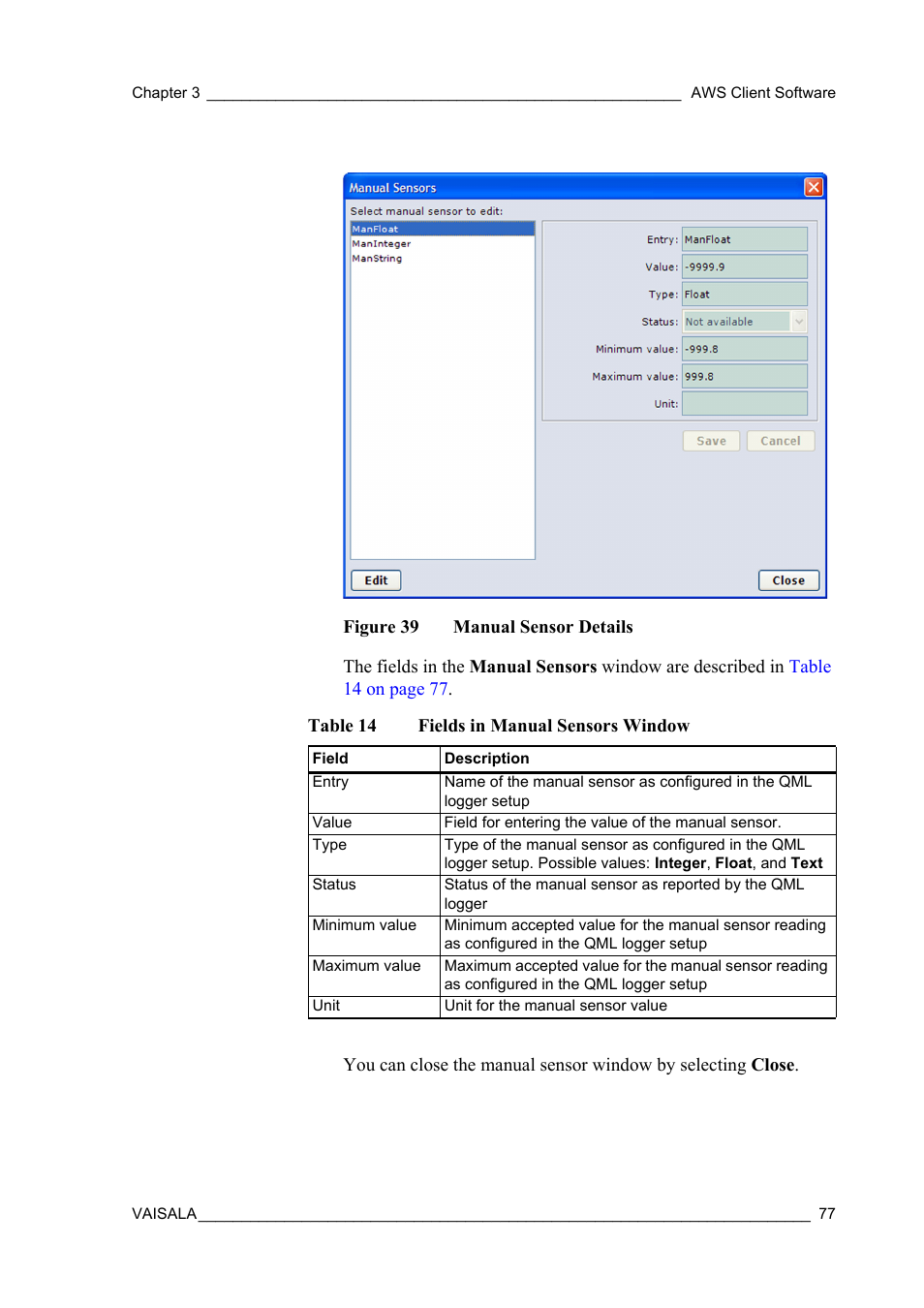 Figure 39, Manual sensor details, Table 14 | Fields in manual sensors window | Vaisala Hydromet Data Collection Platform User Manual | Page 79 / 160