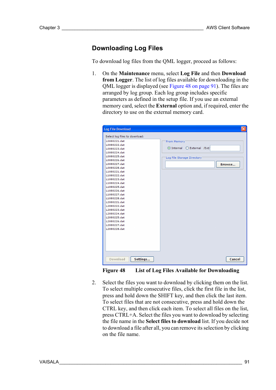 Downloading log files, Figure 48, List of log files available for downloading | See section, You are | Vaisala Hydromet Data Collection Platform User Manual | Page 93 / 160