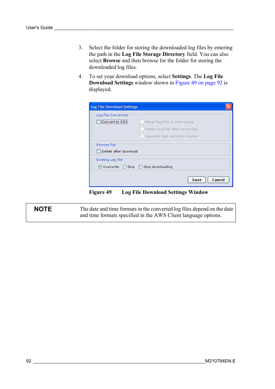 Figure 49, Log file download settings window | Vaisala Hydromet Data Collection Platform User Manual | Page 94 / 160